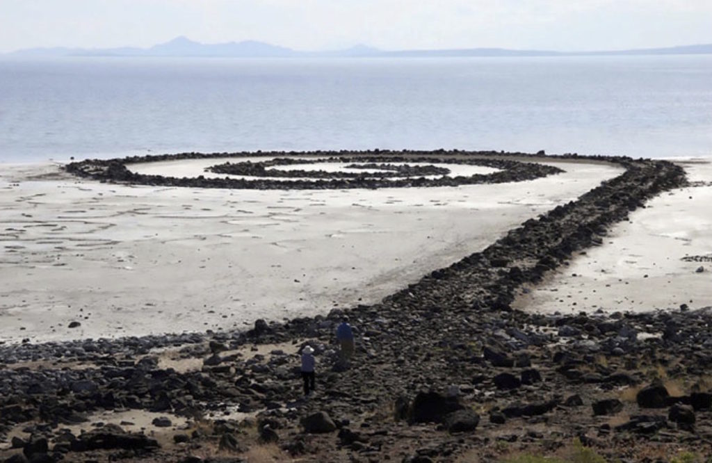 Robert Smithson, Spiral Jetty 1970, precipitated salt crystals and rocks. Photo by Flickr user joevare