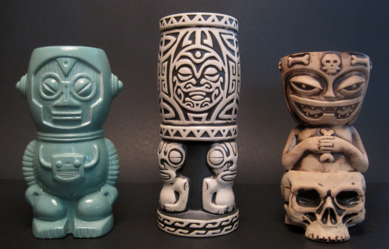 Tiki mugs, design by Scott Sheidly, fabricated by Tiki Farm, San Clemente, Ca.