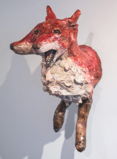 Berkshire Kitsune, taxidermy parts, plaster, cement, and oil